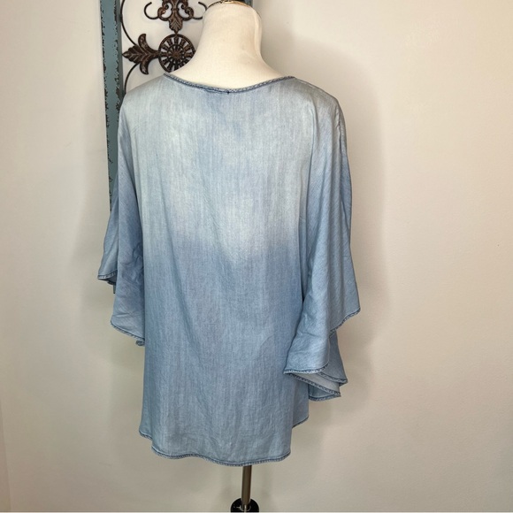 EST. 1945 Denim Embroidered Neckline Top, Tassel Tie Front - Picture 5 of 10